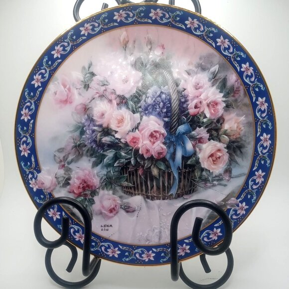 Lena Liu 1992 Plate 8" Porcelain Roses Basket Bouquets Gold Trim Limited Edition - Picture 1 of 8